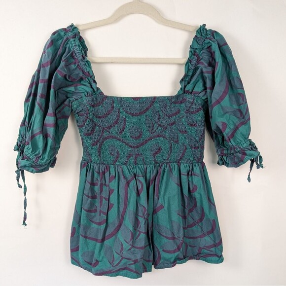 Porridge Smocked Peasant Top Teal Purple Leaf Print Cotton – Women’s M - Picture 2 of 11